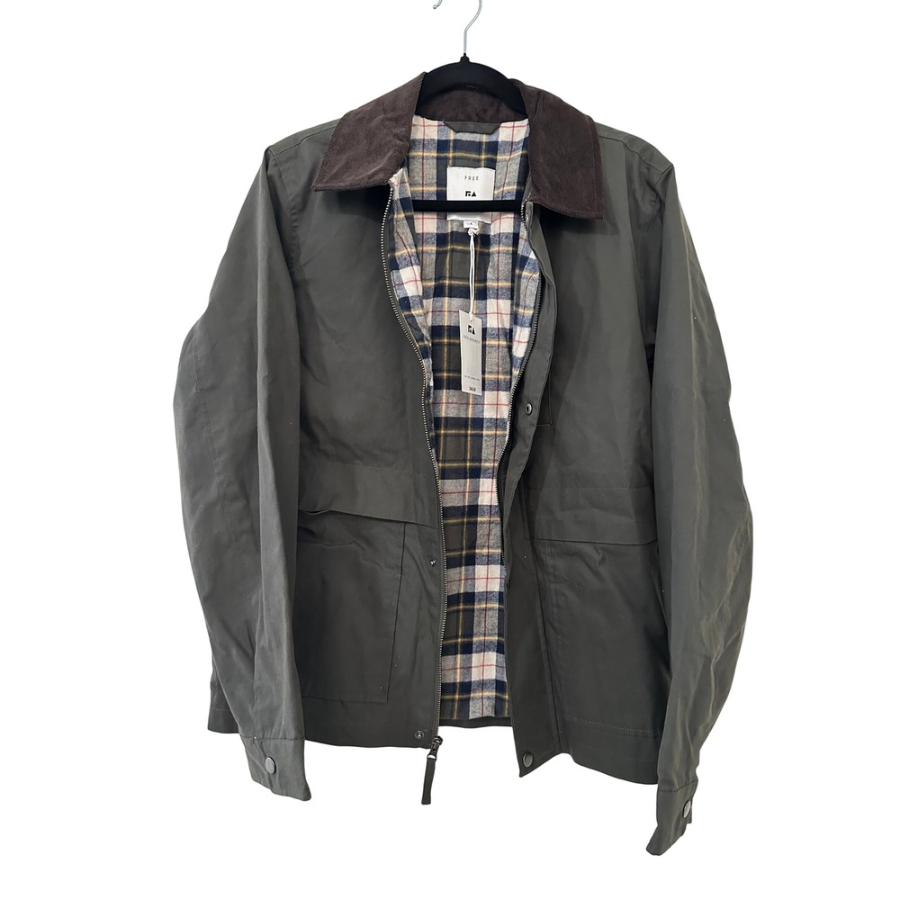 Free Assembly Women Olive Green Barn Jacket Corduroy Collar Plaid Lined Size S